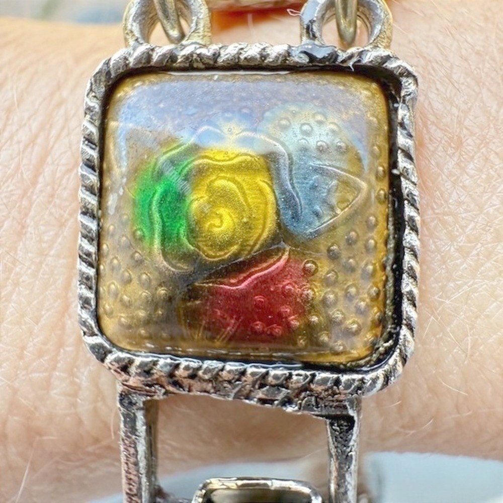 Vintage Floral Panel Link Bracelet Enamel Rose Gold Tone Boho Jewelry - Picture 2 of 10